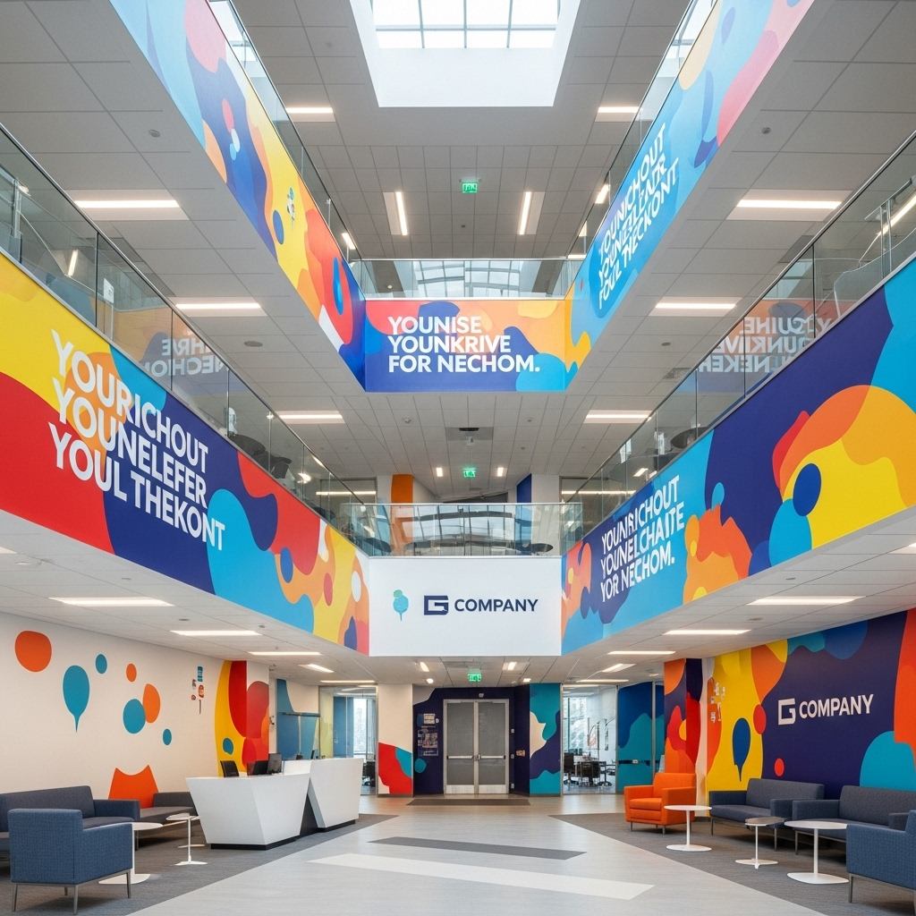 Environmental graphics design mural showing company values in an office lobby